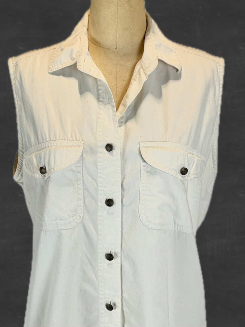 VINTAGE 90s sleeveless button down shirt 100% cotton natural beige beachy womens